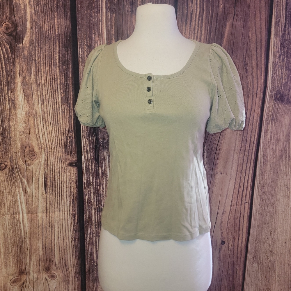 Madewell Eyelet Sleeve Henley Top Size S Ash Green - Picture 3 of 10